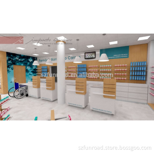 pharmacy concise design with wooden display shelves